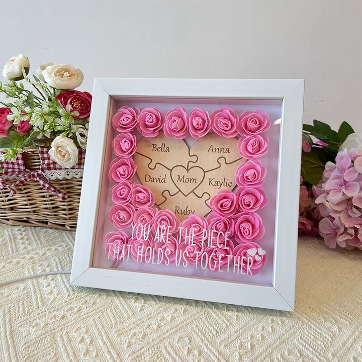 Personalized Puzzle Piece Mom Heart Shaped Flower Shadow LED Box - Canvasgiftco