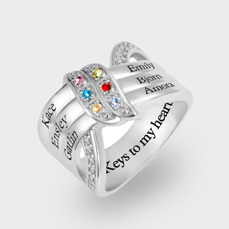 Personalized Ribbon Knot Ring - 1 - 8 Birthstones and Engraved Names - Canvasgiftco