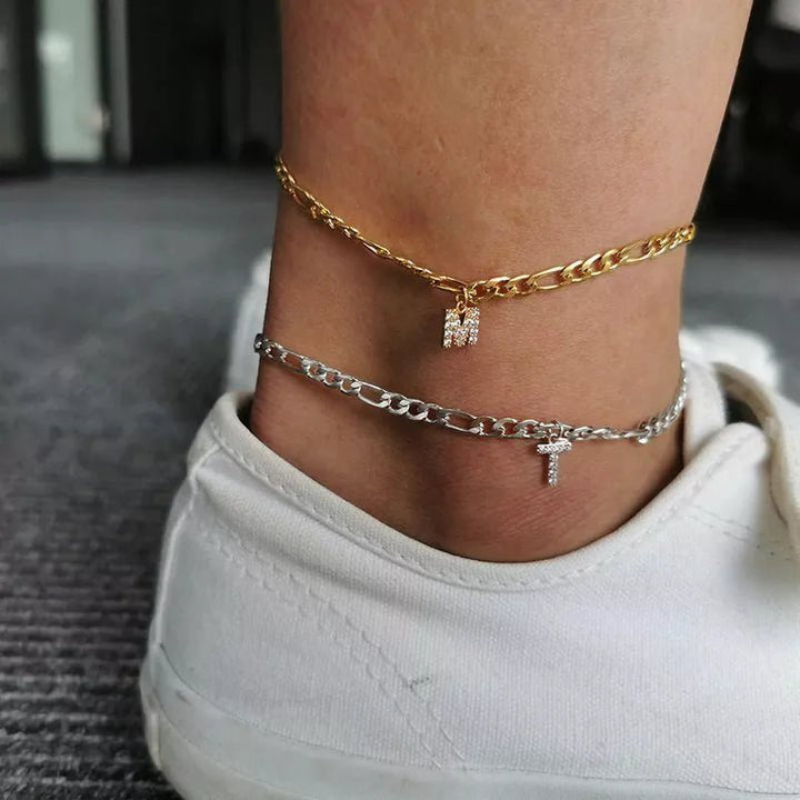 Personalized Sparkle Initial Anklet with Adjustable Figaro Chain & Crystal Initials - Canvasgiftco
