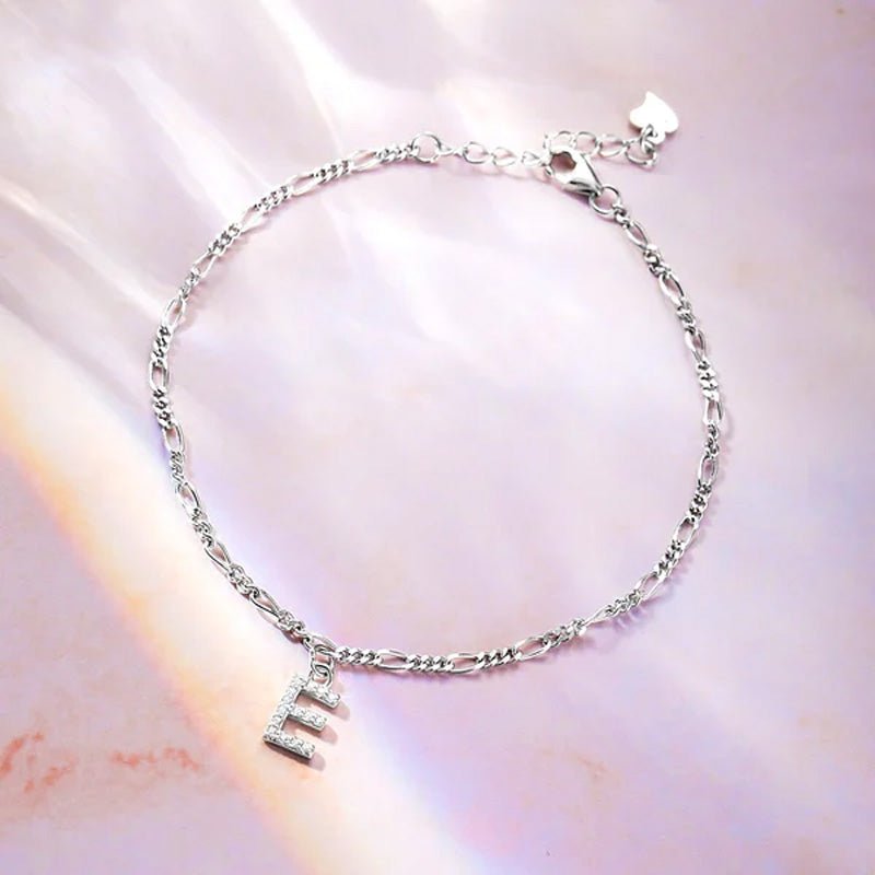Personalized Sparkle Initial Anklet with Adjustable Figaro Chain & Crystal Initials - Canvasgiftco