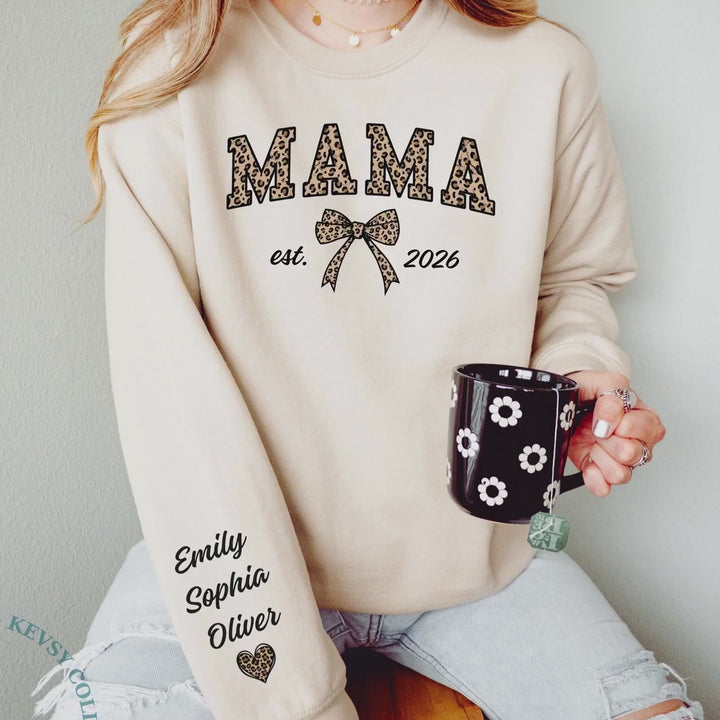 Custom Leopard Mama Sweatshirt With Kid Name On Sleeve, Personalized Mom Sweatshirt, Gift For Mom, Mothers Day Gift,Mama Est Year Sweatshirt
