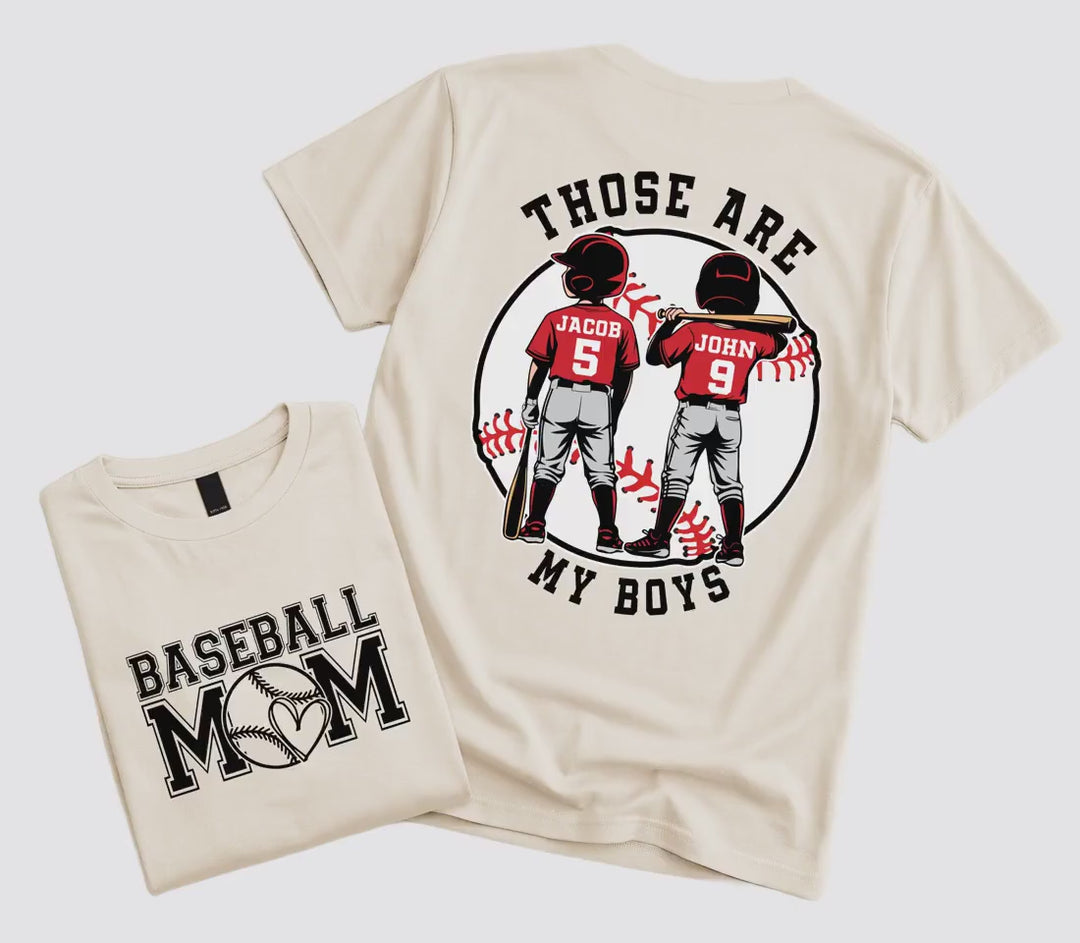 "That's My Boys" Custom Baseball Mom Shirt – Personalized with Kids' Names & Numbers