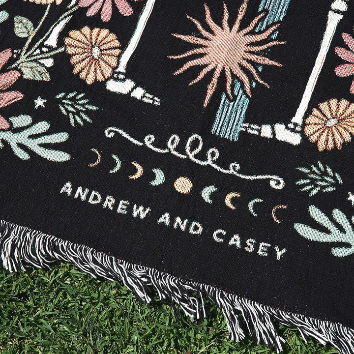 Personalized Gothic Skeleton Couple Woven Blanket – Custom Zodiac & Names Blanket