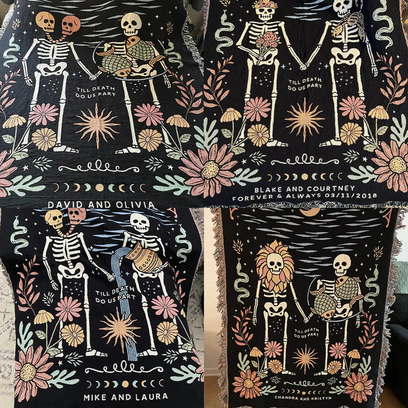 Personalized Gothic Skeleton Couple Woven Blanket – Custom Zodiac & Names Blanket