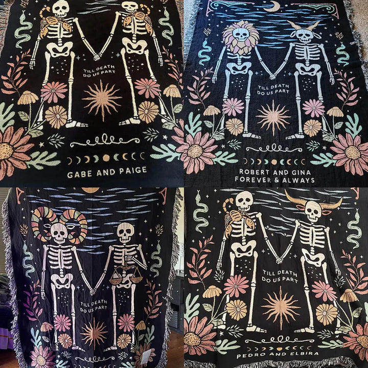 Personalized Gothic Skeleton Couple Woven Blanket – Custom Zodiac & Names Blanket