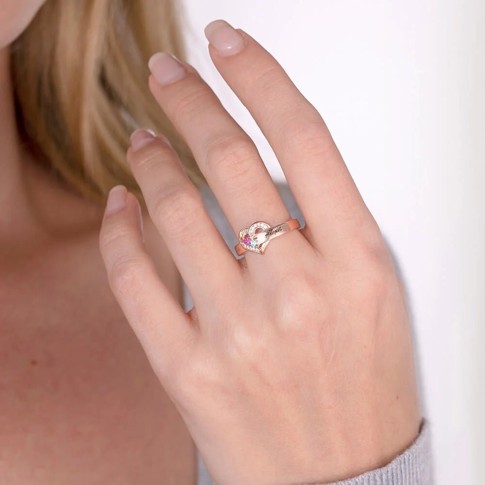 Where Hearts Meet, Love Gleams In Every Stone - Personalized 1-8 Birthstones Heart Family Ring - Canvasgiftco