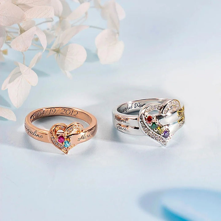 Where Hearts Meet, Love Gleams In Every Stone - Personalized 1-8 Birthstones Heart Family Ring - Canvasgiftco