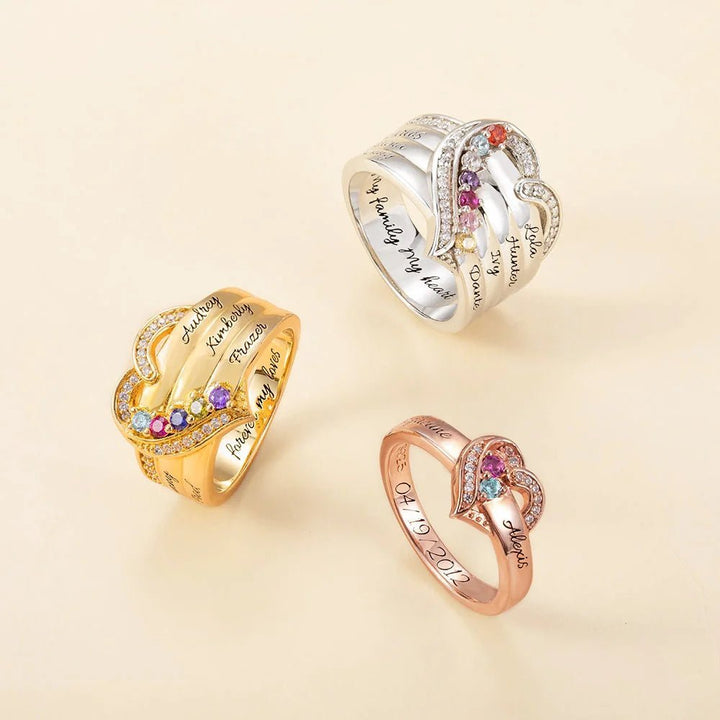 Where Hearts Meet, Love Gleams In Every Stone - Personalized 1-8 Birthstones Heart Family Ring - Canvasgiftco