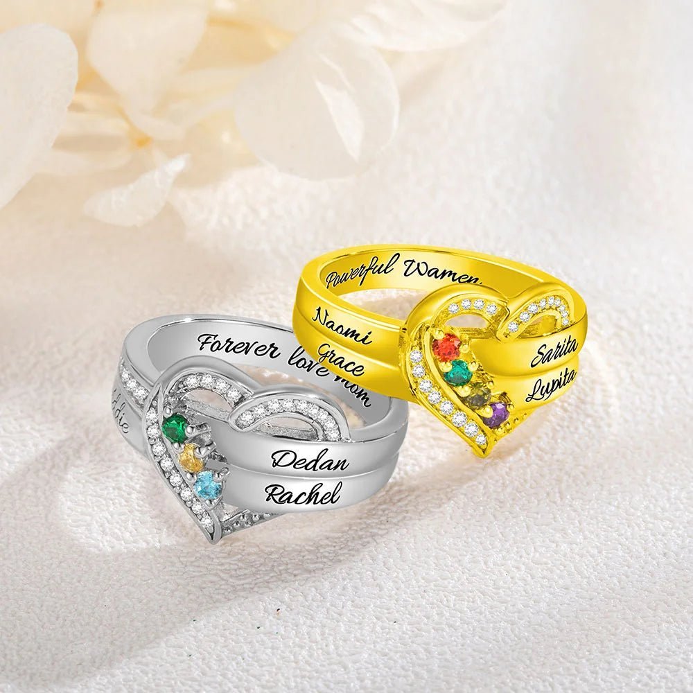 Where Hearts Meet, Love Gleams In Every Stone - Personalized 1-8 Birthstones Heart Family Ring - Canvasgiftco
