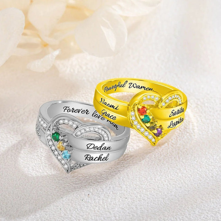 Where Hearts Meet, Love Gleams In Every Stone - Personalized 1-8 Birthstones Heart Family Ring - Canvasgiftco