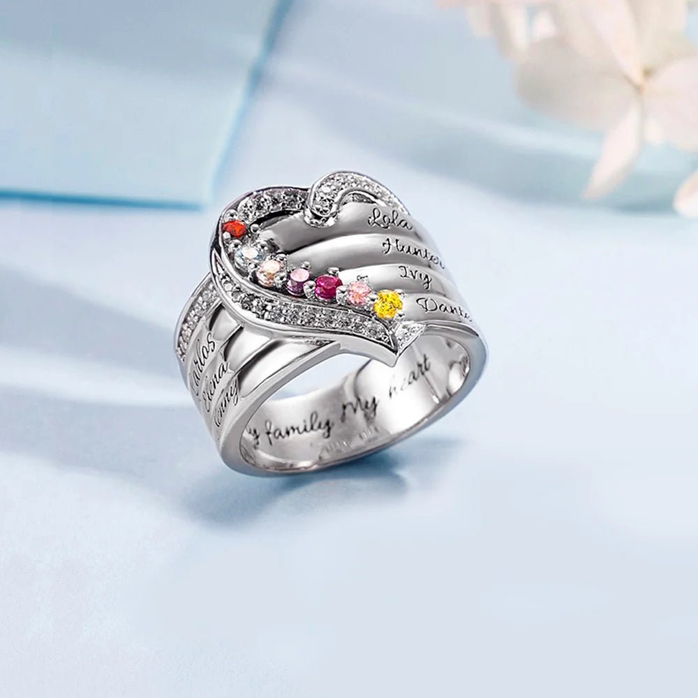 Where Hearts Meet, Love Gleams In Every Stone - Personalized 1-8 Birthstones Heart Family Ring - Canvasgiftco