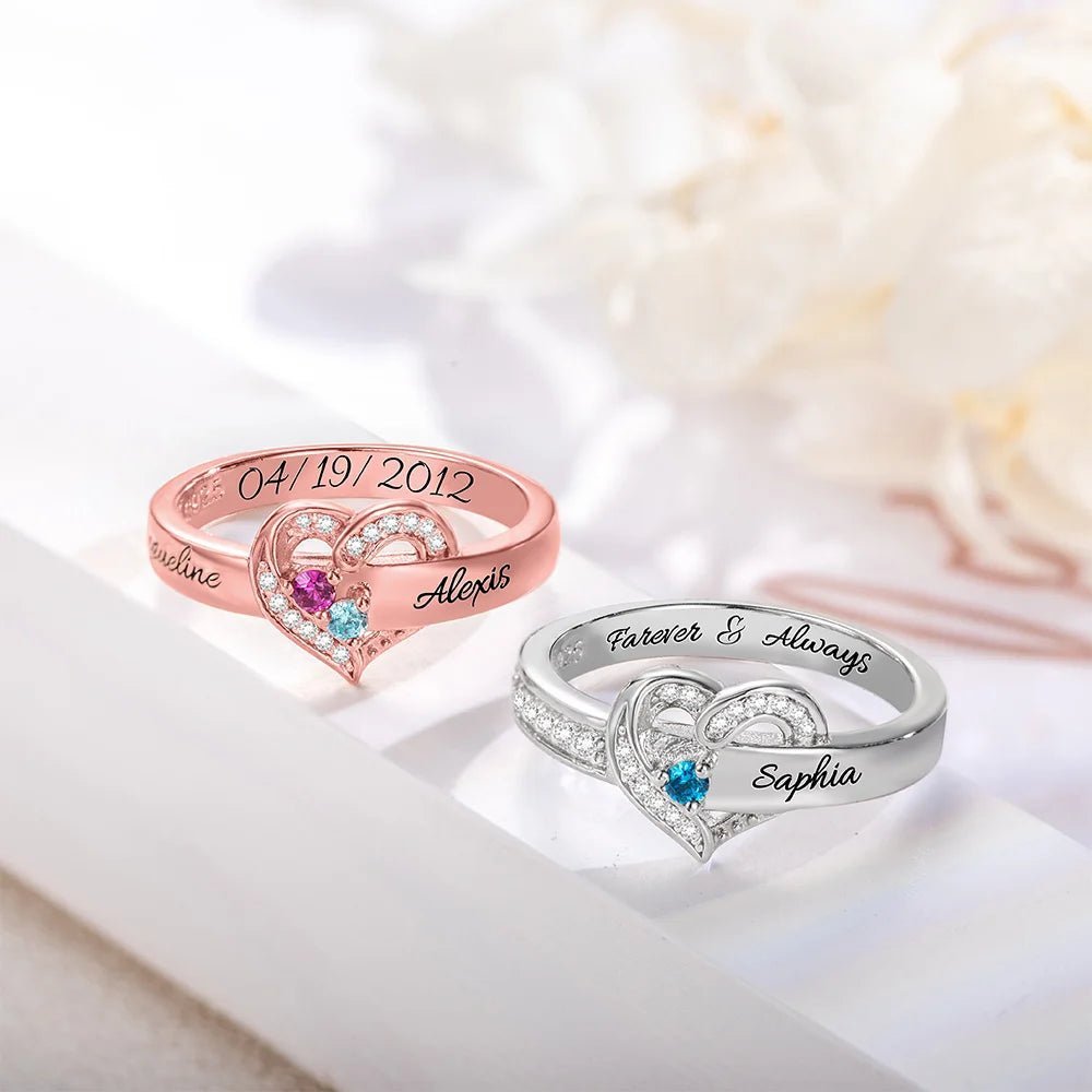 Where Hearts Meet, Love Gleams In Every Stone - Personalized 1-8 Birthstones Heart Family Ring - Canvasgiftco