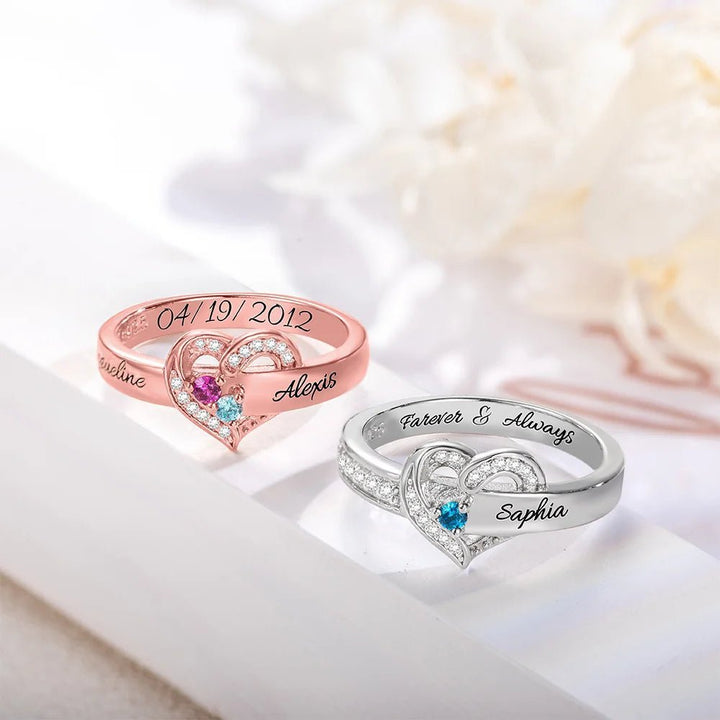 Where Hearts Meet, Love Gleams In Every Stone - Personalized 1-8 Birthstones Heart Family Ring - Canvasgiftco